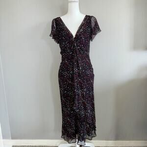 Teo 100% Silk Floral Midi Dress Women’s 6 Flutter Sleeve Bias Cut Romantic Sheer